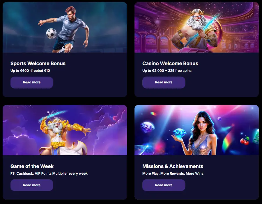 NV Casino bonussen — Sports Welcome tot €600 + €10 freebet, Casino Welcome tot €2.000 + 225 free spins, Game of the Week en Missions & Achievements